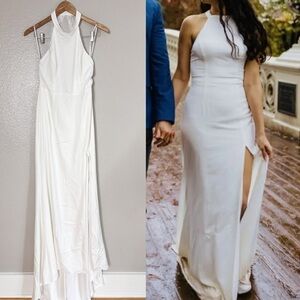 Radiant Adoration White Satin Lace Backless Halter Maxi Dress